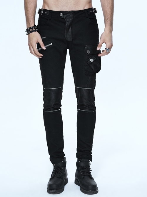 Black Twill Multi-Bag Zipper Devil Button Punk Pants