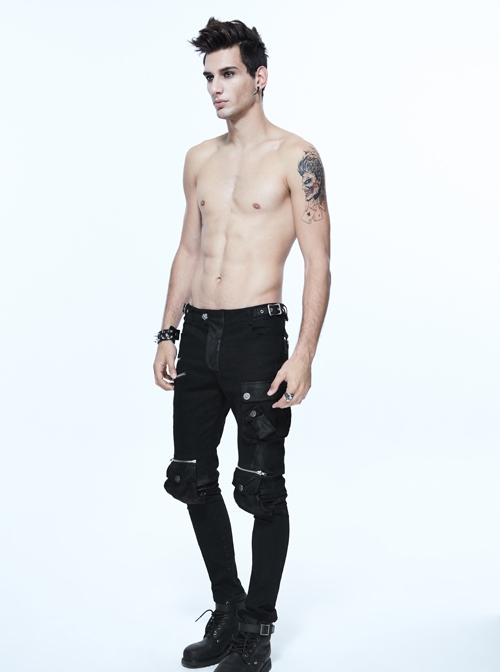 Black Twill Multi-Bag Zipper Devil Button Punk Pants