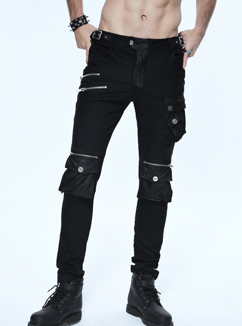 Black Twill Multi-Bag Zipper Devil Button Punk Pants