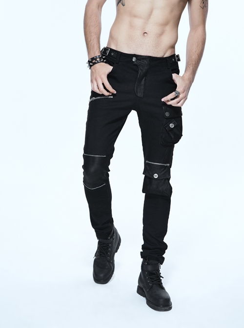 Black Twill Multi-Bag Zipper Devil Button Punk Pants