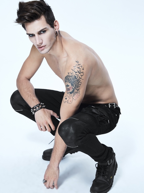 Black Twill Multi-Bag Zipper Devil Button Punk Pants