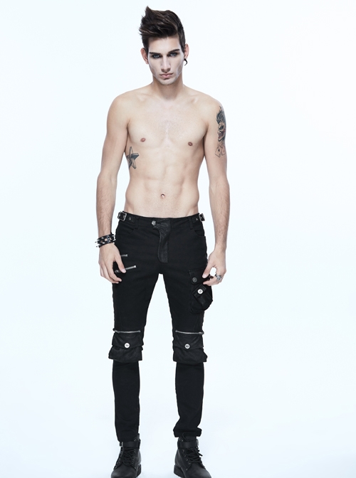 Black Twill Multi-Bag Zipper Devil Button Punk Pants