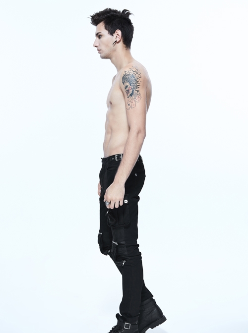 Black Twill Multi-Bag Zipper Devil Button Punk Pants