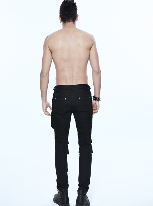 Black Twill Multi-Bag Zipper Devil Button Punk Pants