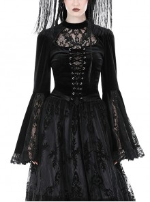 Sexy Black Lace Woven Hollow Chest Tie Gothic Bell Sleeve Top