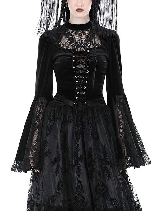 Sexy Black Lace Woven Hollow Chest Tie Gothic Bell Sleeve Top