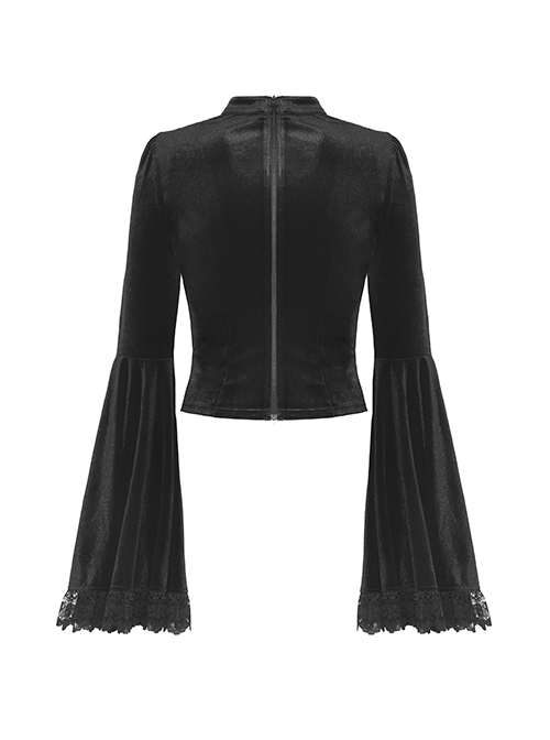 Sexy Black Lace Woven Hollow Chest Tie Gothic Bell Sleeve Top