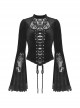Sexy Black Lace Woven Hollow Chest Tie Gothic Bell Sleeve Top