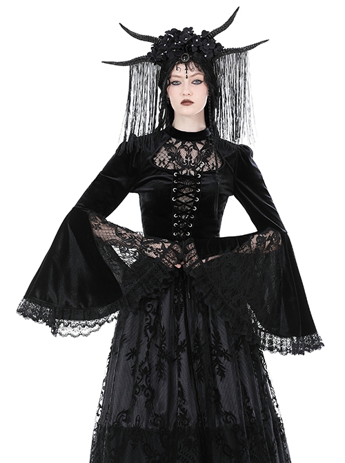 Sexy Black Lace Woven Hollow Chest Tie Gothic Bell Sleeve Top