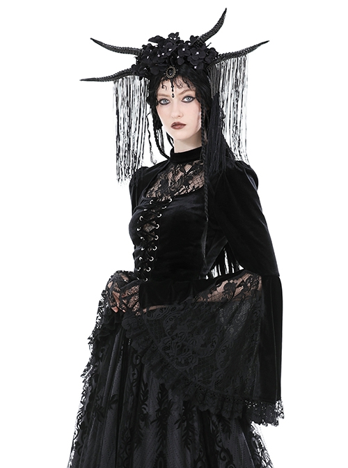 Sexy Black Lace Woven Hollow Chest Tie Gothic Bell Sleeve Top
