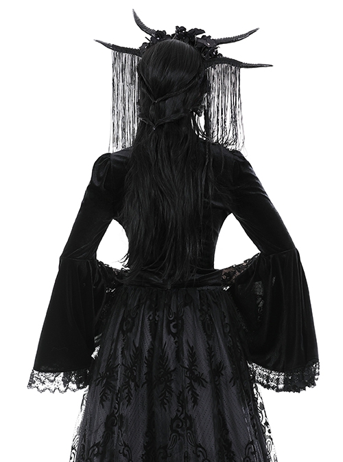 Sexy Black Lace Woven Hollow Chest Tie Gothic Bell Sleeve Top