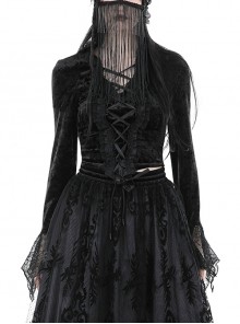 Black Exaggerated Lace Long Sleeved With Criss Cross Straps At The Front Gothic Low Cut Top ​