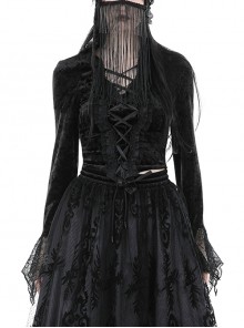 Black Exaggerated Lace Long Sleeved With Criss Cross Straps At The Front Gothic Low Cut Top 