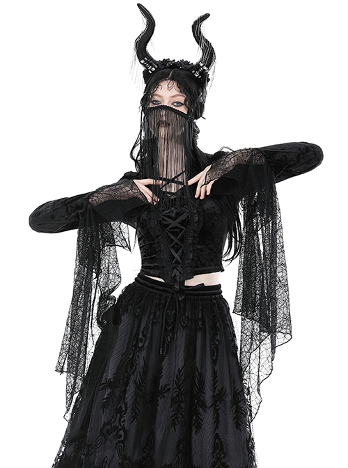 Black Exaggerated Lace Long Sleeved With Criss Cross Straps At The Front Gothic Low Cut Top ​