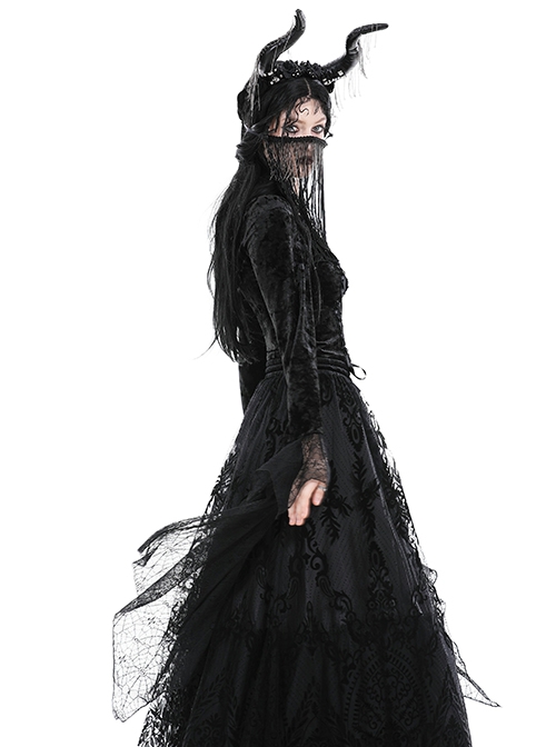 Black Exaggerated Lace Long Sleeved With Criss Cross Straps At The Front Gothic Low Cut Top ​