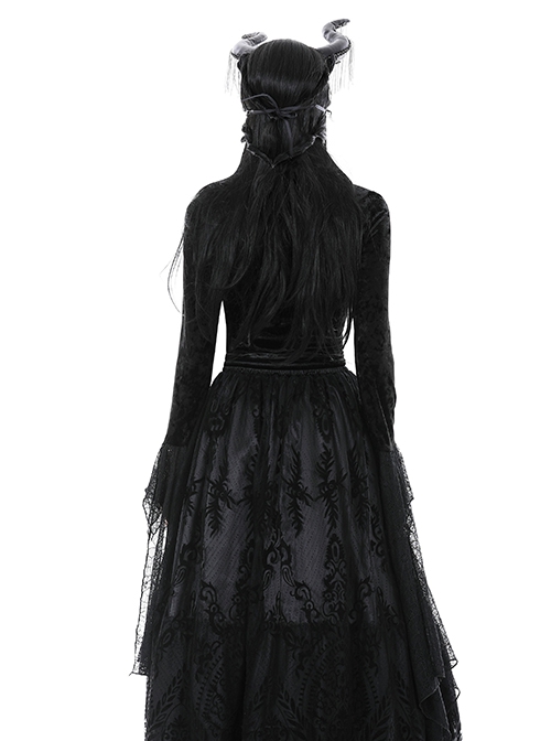 Black Exaggerated Lace Long Sleeved With Criss Cross Straps At The Front Gothic Low Cut Top ​