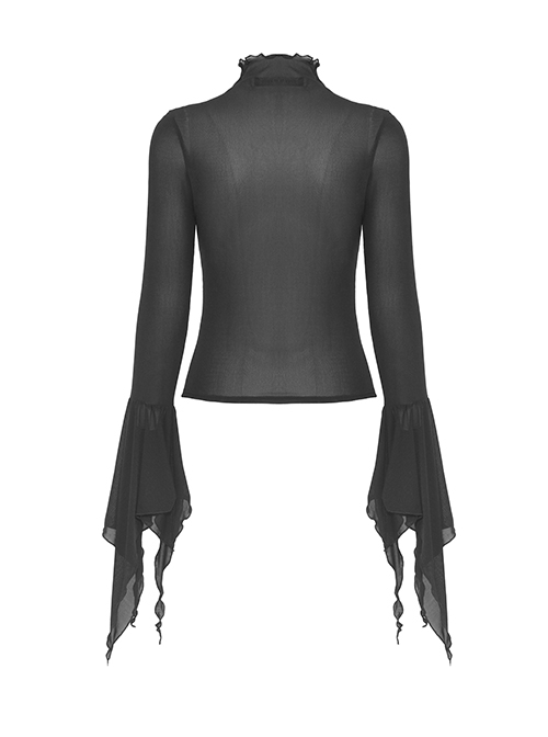 Simple Black Ripped And Slightly See Through Punk Style Long Sleeved Top