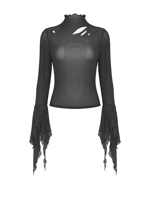 Simple Black Ripped And Slightly See Through Punk Style Long Sleeved Top