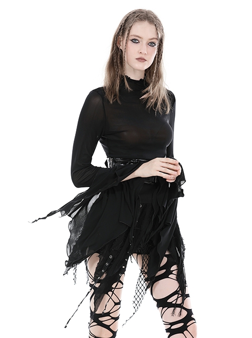 Simple Black Ripped And Slightly See Through Punk Style Long Sleeved Top