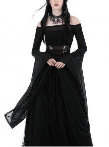 Sexy Black Hollow Lace Up Boat Neck Punk Style Exaggerated Long Sleeved Top