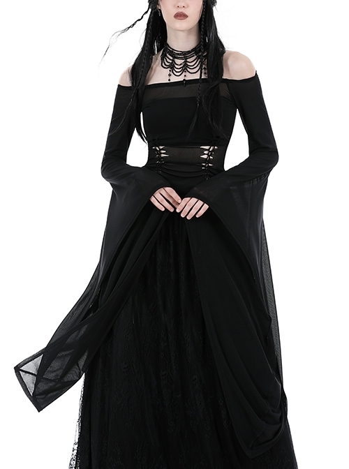 Sexy Black Hollow Lace Up Boat Neck Punk Style Exaggerated Long Sleeved Top
