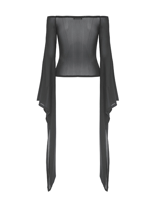 Sexy Black Hollow Lace Up Boat Neck Punk Style Exaggerated Long Sleeved Top