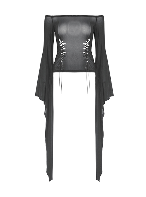 Sexy Black Hollow Lace Up Boat Neck Punk Style Exaggerated Long Sleeved Top