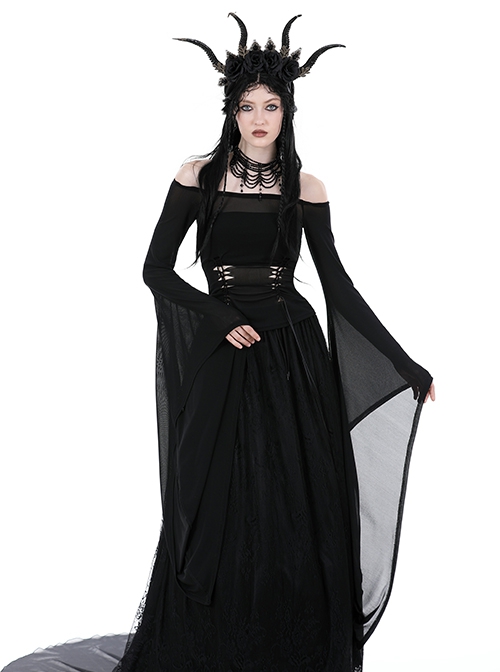 Sexy Black Hollow Lace Up Boat Neck Punk Style Exaggerated Long Sleeved Top