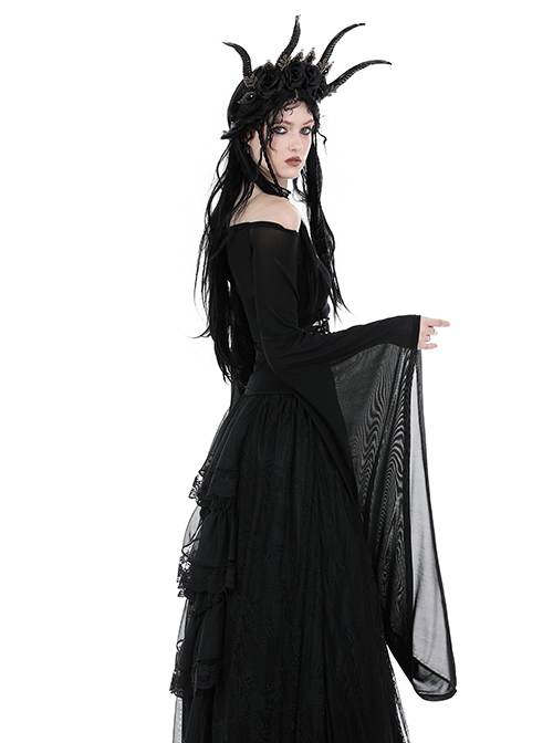 Sexy Black Hollow Lace Up Boat Neck Punk Style Exaggerated Long Sleeved Top