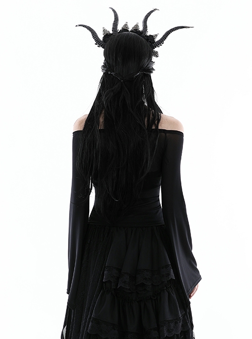 Sexy Black Hollow Lace Up Boat Neck Punk Style Exaggerated Long Sleeved Top
