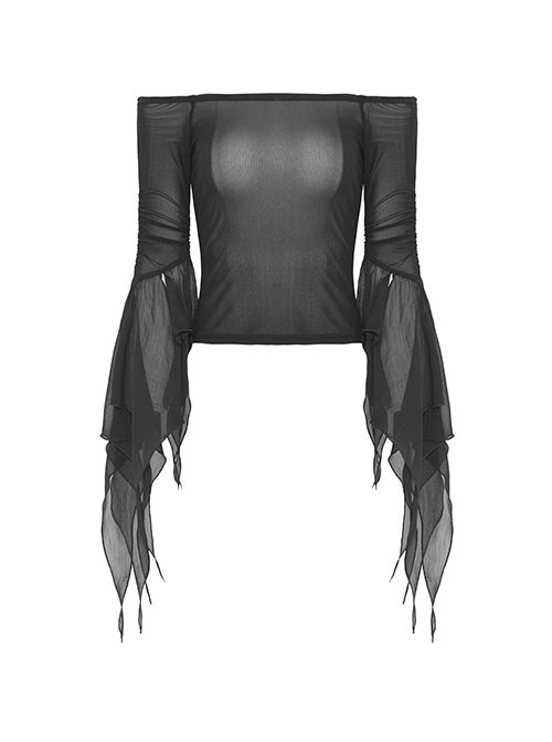 Black Sexy Slightly See Through Mesh One Neck Gothic Style Long Sleeved Top