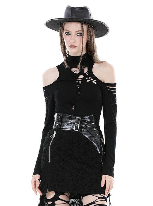 Sexy Black Off Shoulder Hollow Punk Style Slim Long Sleeved Top