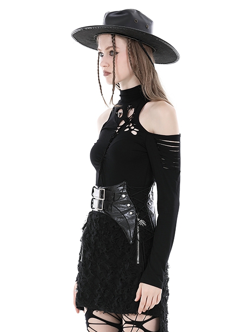 Sexy Black Off Shoulder Hollow Punk Style Slim Long Sleeved Top
