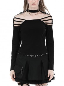 Simple Black Sexy Off Shoulder Spliced Suspender Punk Style Long Sleeved Top