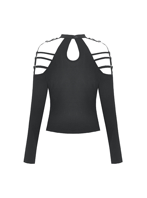 Simple Black Sexy Off Shoulder Spliced Suspender Punk Style Long Sleeved Top