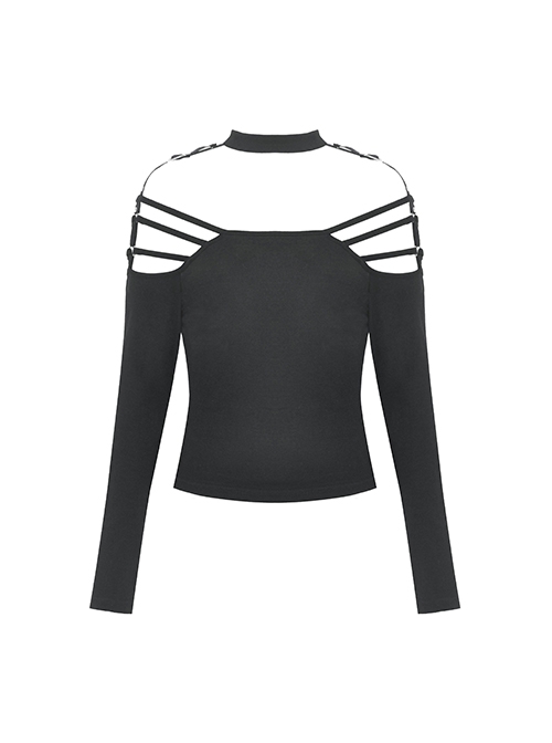 Simple Black Sexy Off Shoulder Spliced Suspender Punk Style Long Sleeved Top