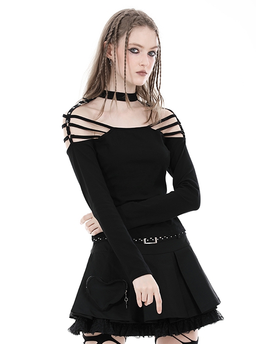Simple Black Sexy Off Shoulder Spliced Suspender Punk Style Long Sleeved Top