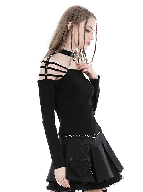 Simple Black Sexy Off Shoulder Spliced Suspender Punk Style Long Sleeved Top