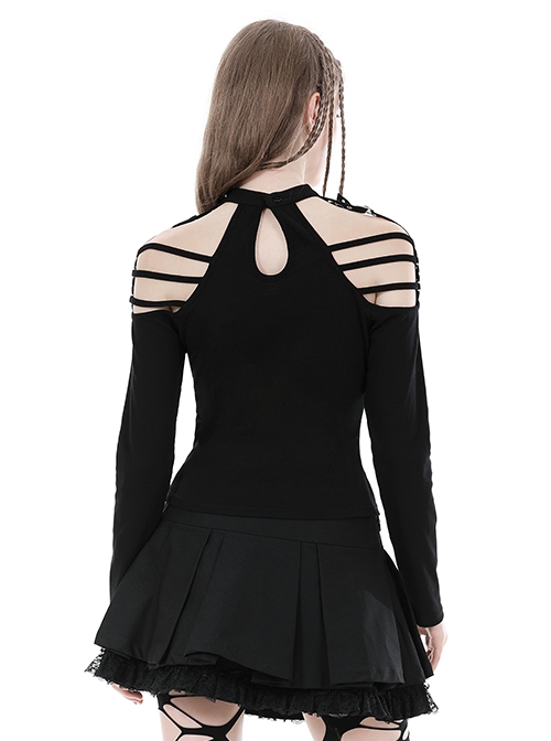 Simple Black Sexy Off Shoulder Spliced Suspender Punk Style Long Sleeved Top
