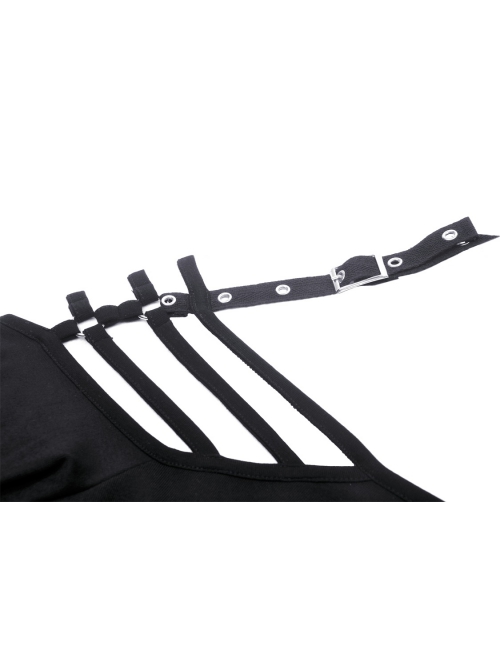 Simple Black Sexy Off Shoulder Spliced Suspender Punk Style Long Sleeved Top