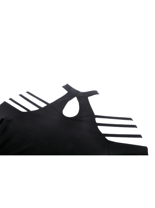 Simple Black Sexy Off Shoulder Spliced Suspender Punk Style Long Sleeved Top