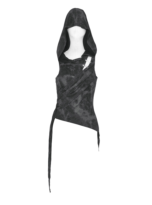 Black Asymmetrical Sleeveless With Cut-Out Front Pins Punk Style Hooded Top