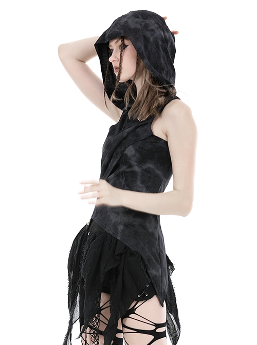 Black Asymmetrical Sleeveless With Cut-Out Front Pins Punk Style Hooded Top