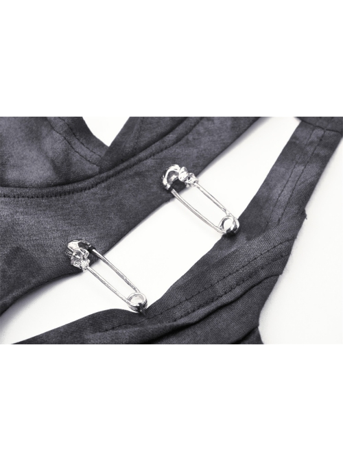 Black Asymmetrical Sleeveless With Cut-Out Front Pins Punk Style Hooded Top