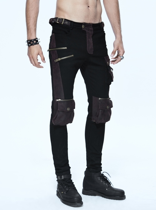 Black Twill Brown Multi-Bag Zipper Devil Button Punk Pants