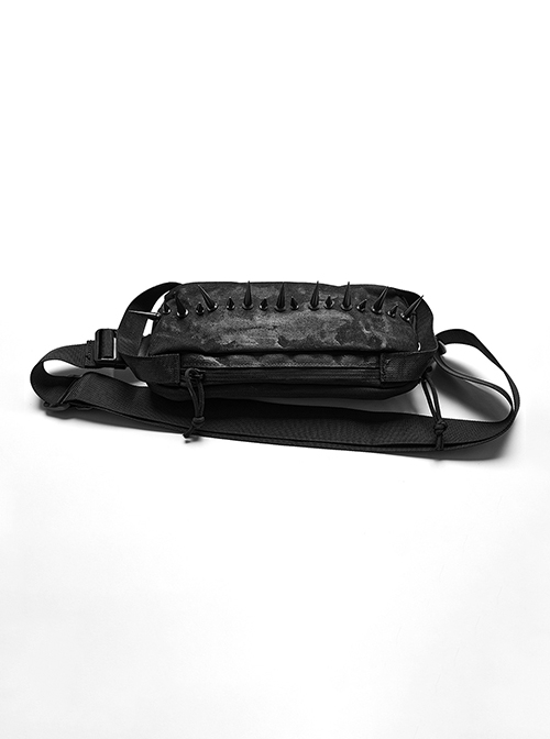 Personalized Black Nylon Large And Small Spiked Rivets Punk Style One Shoulder Brushed Backpack