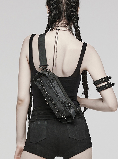 Personalized Black Nylon Large And Small Spiked Rivets Punk Style One Shoulder Brushed Backpack