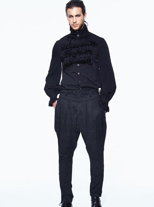 Small Jacquard Pattern Ribbons Snap Fastener Black Oversize Gothic Pants