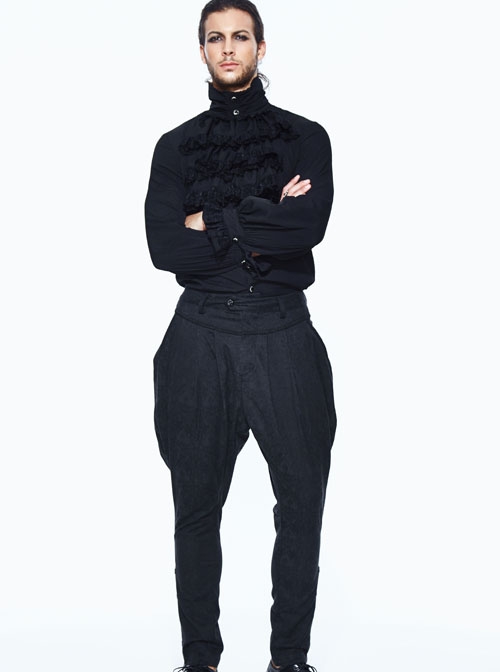 Small Jacquard Pattern Ribbons Snap Fastener Black Oversize Gothic Pants