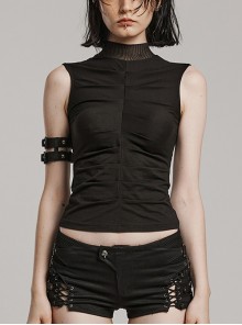 Black Stretch Knit Patchwork Mesh Neckline Slim Fit Skeleton Gothic Sleeveless Vest